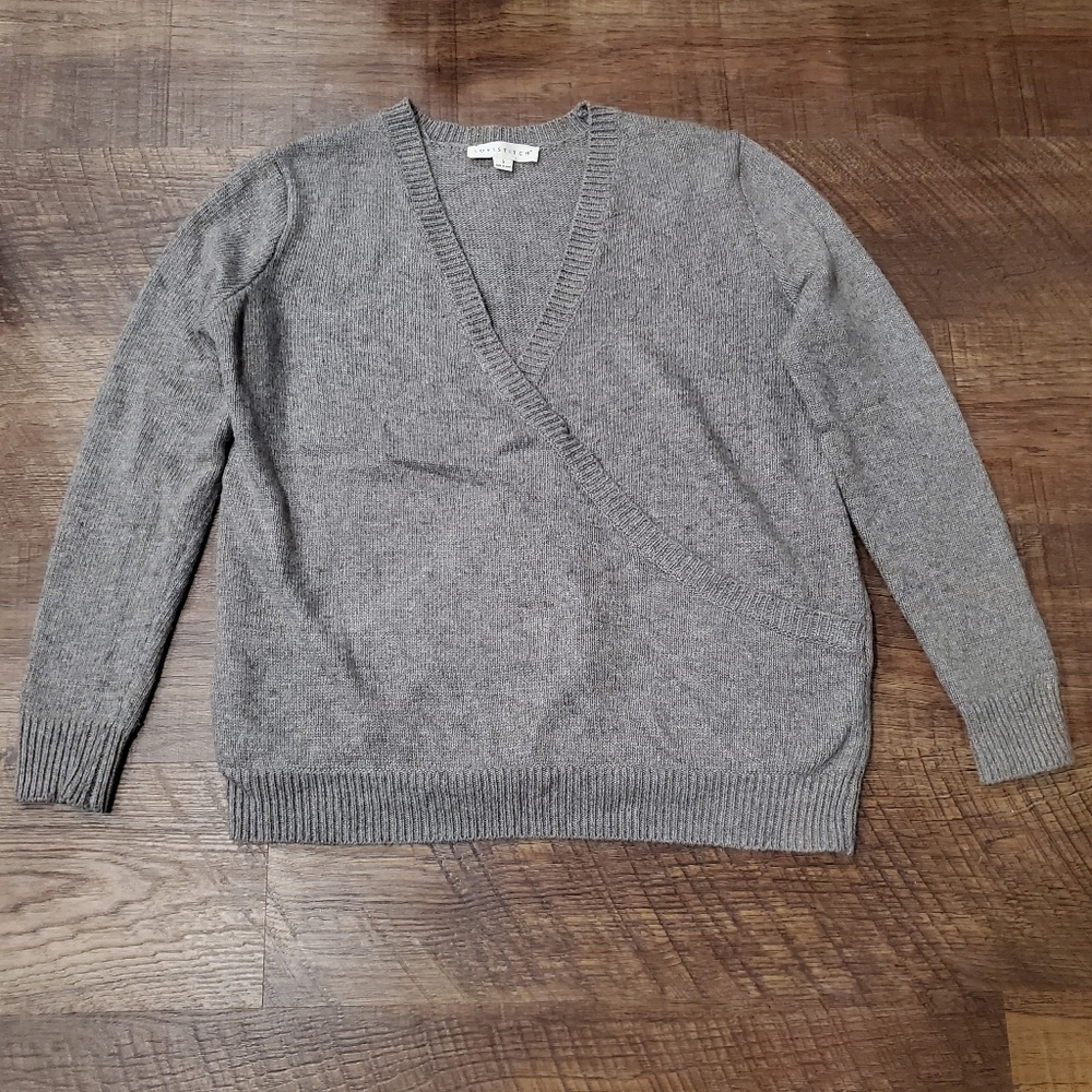 Lovestitch Faux Wrap Sweater Taupe Brown Cozy Warm Boho Preppy Neutral Winter S - Picture 2 of 7